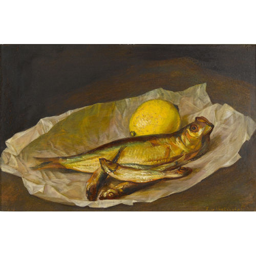 EGON VON VIETINGHOFF : Stillleben mit Fischen und Zitrone auf Wachspapier (DOBIASCHOFSKY AUKTIONEN AG)
