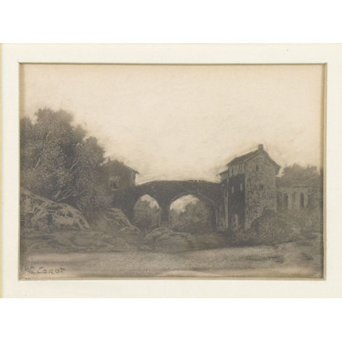 JEAN BAPTISTE CAMILLE COROT : Landschaftspartie mit H�usern und Steinbr�cke (DOBIASCHOFSKY AUKTIONEN AG)