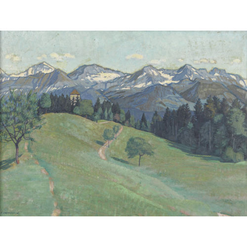 EMIL CARDINAUX : Fr�hlingslandschaft mit Str�ttligturm bei Spiez (DOBIASCHOFSKY AUKTIONEN AG)
