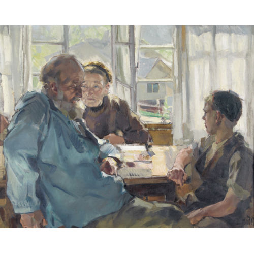 ERNST II HODEL : Stubeninterieur mit Grosseltern und Enkel (DOBIASCHOFSKY AUKTIONEN AG)