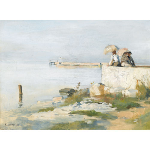 FREDERIC DUFAUX : Drei Damen mit Sonnenschirmen am Ufer des Genfersees (DOBIASCHOFSKY AUKTIONEN AG)