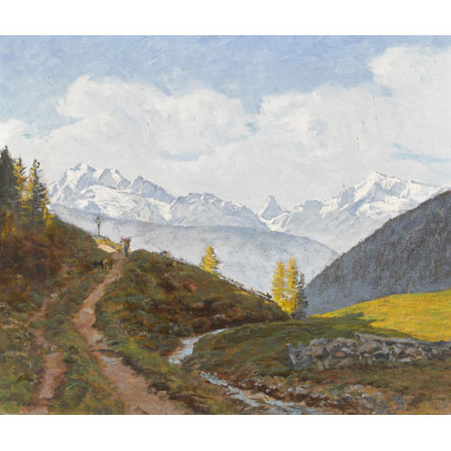 HENRI EDOUARD HUGUENIN-VIRCHAUX : Riederalp mit Mischabel, Matterhorn und Weisshorn (DOBIASCHOFSKY AUKTIONEN AG)