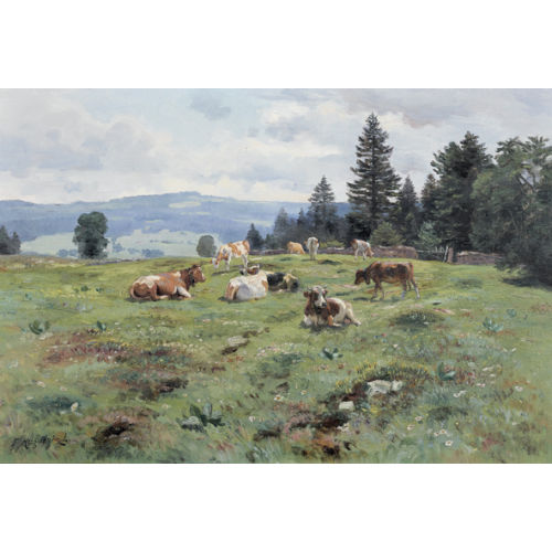 FRITZ-EDOUARD HUGUENIN-LASSAUGUETTE : Sommerliche Wiesenlandschaft mit weidenden K�hen (DOBIASCHOFSKY AUKTIONEN AG)
