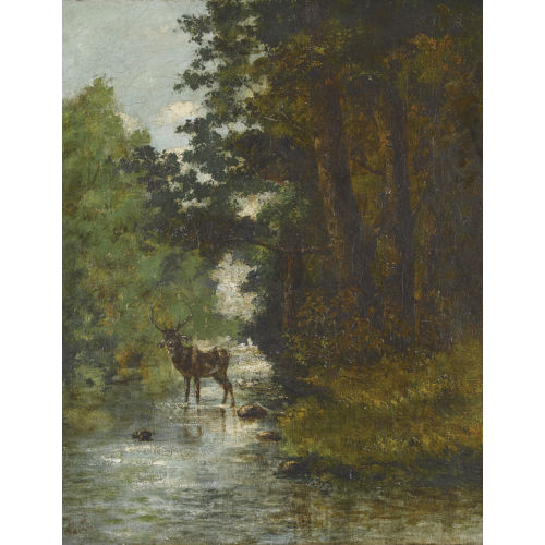 GUSTAVE COURBET : Waldpartie mit Hirsch an einem Bachufer (DOBIASCHOFSKY AUKTIONEN AG)