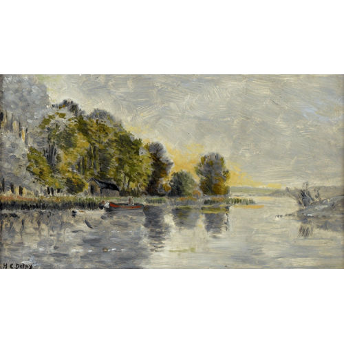 HIPPOLYTE CAMILLE DELPY : Flusspartie mit B�umen und Boot (DOBIASCHOFSKY AUKTIONEN AG)