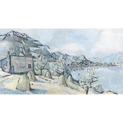 VICTOR SURBEK : Seeuferpartie mit Heuschober im Gebirge (DOBIASCHOFSKY AUKTIONEN AG)