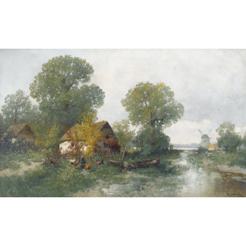 ADOLF KAUFMANN : Flusspartie mit H�hnern, Bauernh�usern und Windm�hle (DOBIASCHOFSKY AUKTIONEN AG)