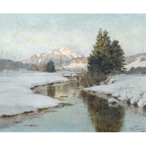 ROBERT FRANZ CURRY : Verschneite Bachpartie mit Dorf und Bergmassiv (DOBIASCHOFSKY AUKTIONEN AG)