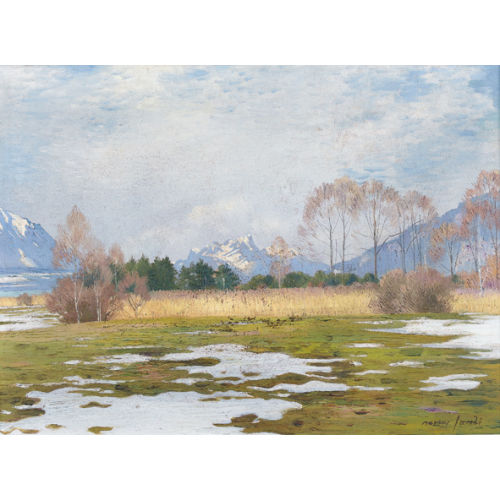 MARCUS JACOBI : Vorfr�hling am Thunersee mit Stockhornkette (DOBIASCHOFSKY AUKTIONEN AG)