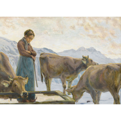 HANS WIDMER : K�he an der Tr�nke mit B�uerin im Winter (DOBIASCHOFSKY AUKTIONEN AG)
