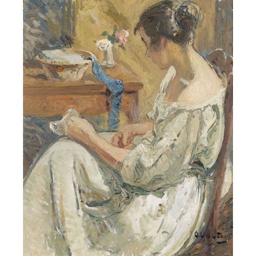 OTTO VAUTIER : Interieur mit junger Dame am Tisch (DOBIASCHOFSKY AUKTIONEN AG)