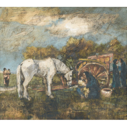 WALTER KREBS : Landschaft mit Fahrenden und Schimmel (DOBIASCHOFSKY AUKTIONEN AG)