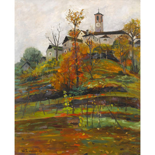 UGO ZACCHEO : Herbstlicher Weinberg mit Tessiner Dorf (DOBIASCHOFSKY AUKTIONEN AG)
