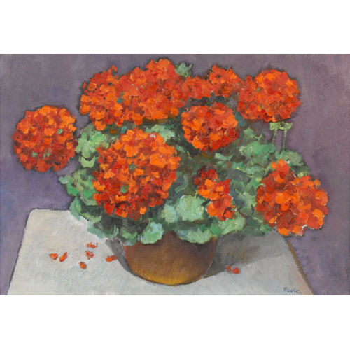 PAUL JAKOB) PAOLO (EIGTL. M�LLER : Rote Geranien in Blumentopf vor violettem Grund (DOBIASCHOFSKY AUKTIONEN AG)