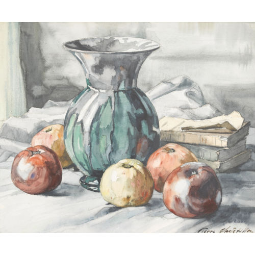 PIERRE CHATILLON : Stillleben mit Krug, �pfeln und B�chern (DOBIASCHOFSKY AUKTIONEN AG)