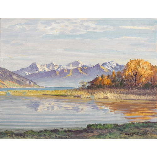 WALDEMAR FINK : Uferpartie am Thunersee mit Alpenkette (DOBIASCHOFSKY AUKTIONEN AG)