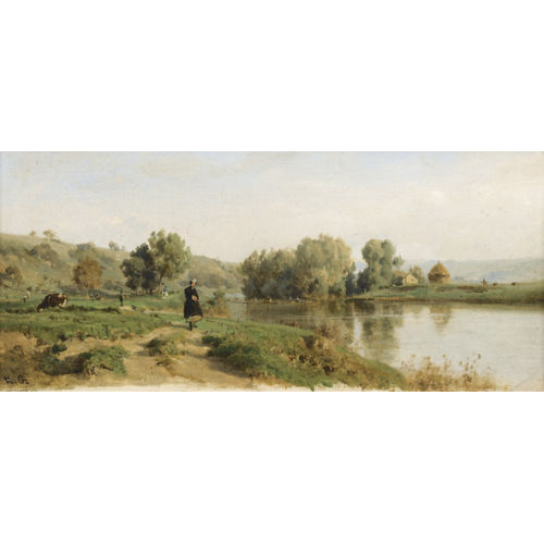 KARL GIRARDET : Flussuferpartie mit Dame (DOBIASCHOFSKY AUKTIONEN AG)