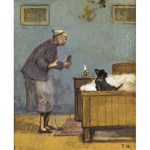 FRIEDRICH AUGUST VITALIS WIDMANN : Alte Frau mit Hund auf einem Bett (DOBIASCHOFSKY AUKTIONEN AG)