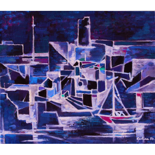 TONIO CIOLINA : Stadtansicht mit Hafen und Segelboot (DOBIASCHOFSKY AUKTIONEN AG)