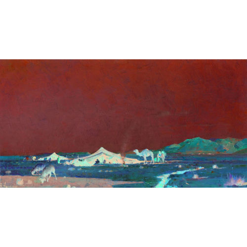 JACQUES ELIE ABRAHAM HERMANJAT : W�stenlandschaft mit Beduinenzelten, Kamelen und Schafen (DOBIASCHOFSKY AUKTIONEN AG)