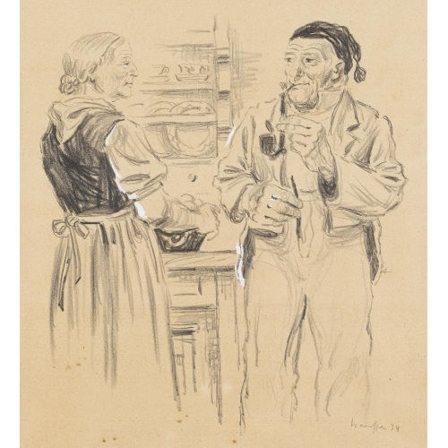 FRED STAUFFER : Interieur mit Bauernpaar (DOBIASCHOFSKY AUKTIONEN AG)