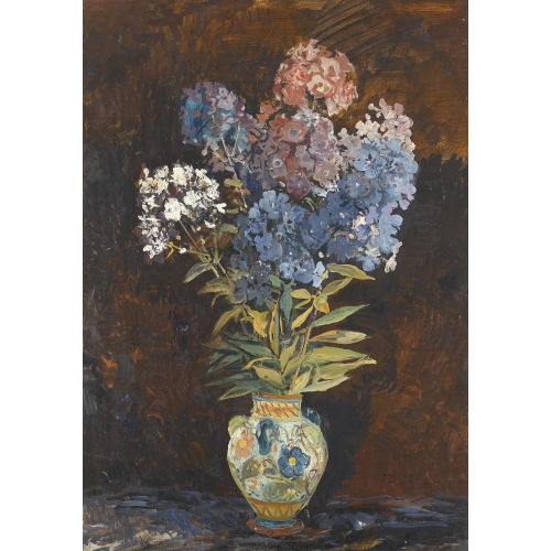 THEO GLINZ : Stillleben mit Flieder in bunter Vase (DOBIASCHOFSKY AUKTIONEN AG)