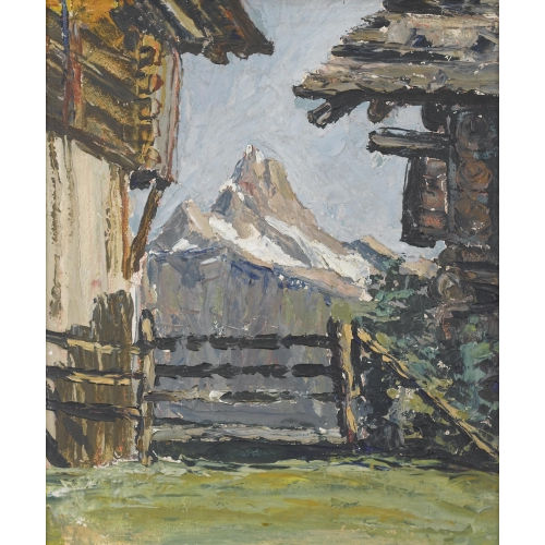 ALBERT NEUENSCHWANDER : Walliser H�user mit Blick auf einen Berg (DOBIASCHOFSKY AUKTIONEN AG)
