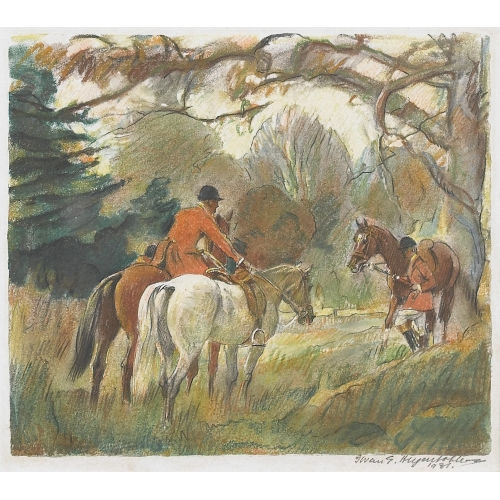 IWAN EDWIN HUGENTOBLER : Zwei Jockeys mit Pferden in Waldlandschaft (DOBIASCHOFSKY AUKTIONEN AG)