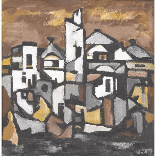 TONIO CIOLINA : Abstrahierte Ansicht einer Stadt mit Turm (DOBIASCHOFSKY AUKTIONEN AG)