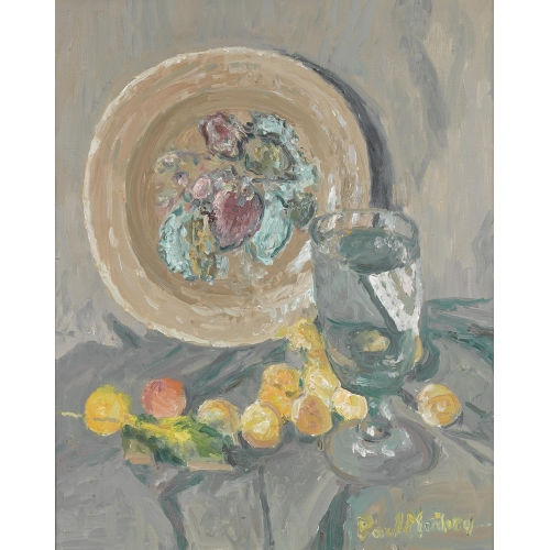 PAUL ALBERT MATHEY : Stillleben mit bemaltem Teller, Glas und Aprikosen (DOBIASCHOFSKY AUKTIONEN AG)