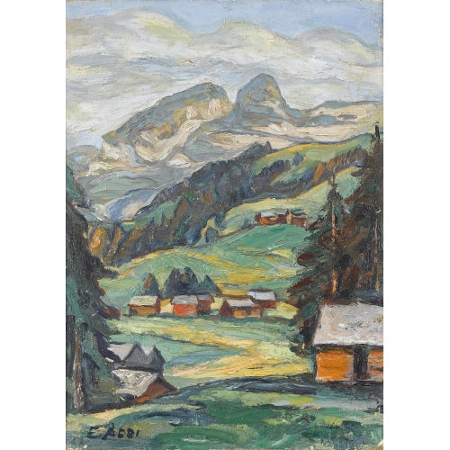 ERNST AEBI : Sommerliche Gebirgsansicht mit Bauernh�usern (DOBIASCHOFSKY AUKTIONEN AG)