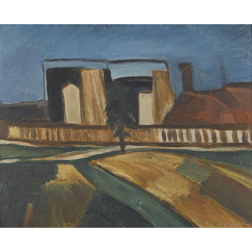RUDOLF MAEGLIN : Feldlandschaft mit Gasometer in Kleinh�nigen (DOBIASCHOFSKY AUKTIONEN AG)