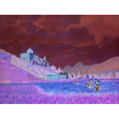 STEFAN SIMONY : Berglandschaft mit Schlossanlage und Feldarbeiterinnen (DOBIASCHOFSKY AUKTIONEN AG)