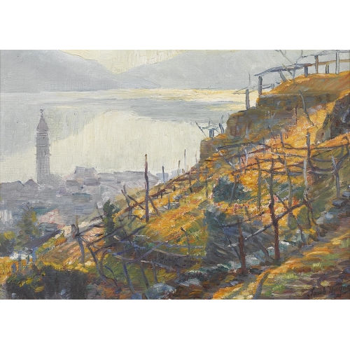 JAKOB WAGNER : Weinberge oberhalb eines Tessiner Sees (DOBIASCHOFSKY AUKTIONEN AG)