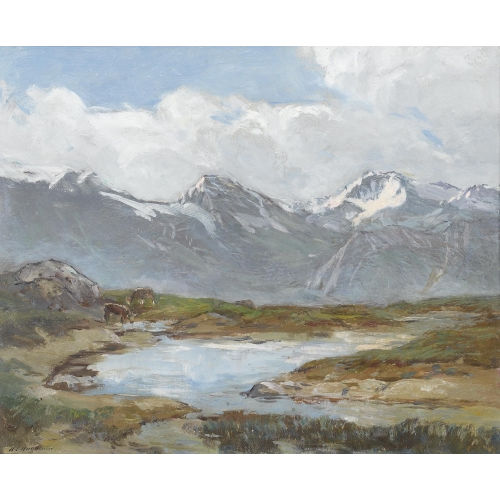 HENRI EDOUARD HUGUENIN-VIRCHAUX : Bergsee mit Rindern in den Walliser Alpen (DOBIASCHOFSKY AUKTIONEN AG)