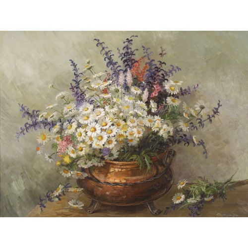 OLGA DERENDINGER-ROUX : Stillleben mit Feldblumen in einem Kupferkessel (DOBIASCHOFSKY AUKTIONEN AG)