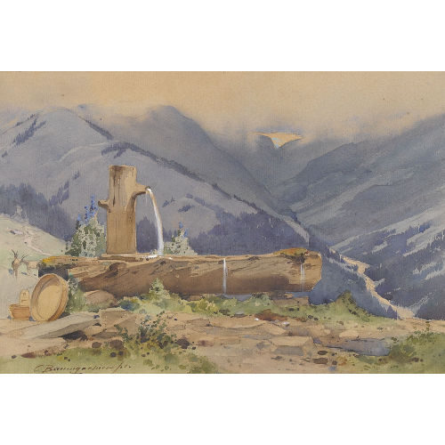 CHRISTIAN BAUMGARTNER : Bergansicht im Sommer mit einem Brunnen (DOBIASCHOFSKY AUKTIONEN AG)