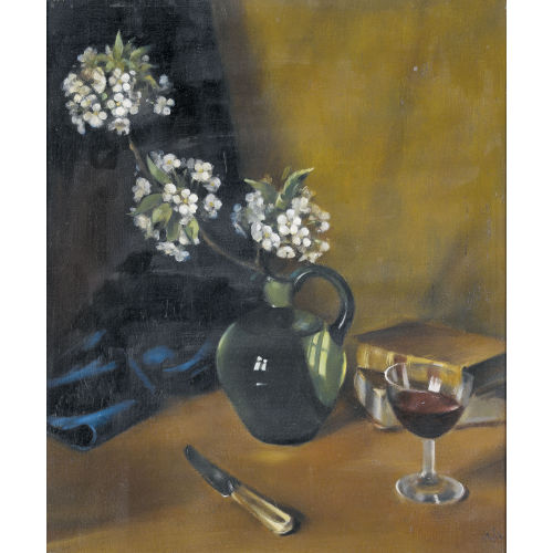 ALFRED ANKLIN : Stillleben mit Bl�tenzweig, B�chern und Weinglas (DOBIASCHOFSKY AUKTIONEN AG)