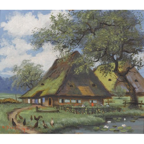 JOHANN OTHMAR D�BELI : Aargauer Strohh�user an einem Teich (DOBIASCHOFSKY AUKTIONEN AG)