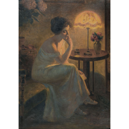 DELPHIN ENJOLRAS : Sitzende Frau in Interieur mit Billet-doux (DOBIASCHOFSKY AUKTIONEN AG)