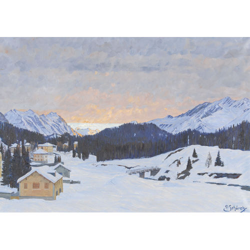 PAUL SCH�RCH : Verschneite Engadiner Landschaft im Abendrot (DOBIASCHOFSKY AUKTIONEN AG)
