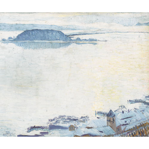 ERNST SAMUEL GEIGER : Blick auf das verschneite Twann und die St. Petersinsel (DOBIASCHOFSKY AUKTIONEN AG)