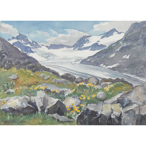 WALDEMAR THEOPHIL FINK : Bl�hende Bergwiese vor Gletscherlandschaft (DOBIASCHOFSKY AUKTIONEN AG)
