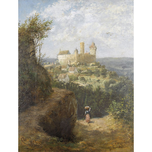 KARL ALBERT VON SCHOTT : Wegpartie mit Blick auf eine Burg (DOBIASCHOFSKY AUKTIONEN AG)