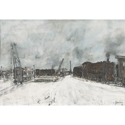 BERNARD GANTNER : Winterliche Bahnhofspartie mit Dampflokomotive (DOBIASCHOFSKY AUKTIONEN AG)