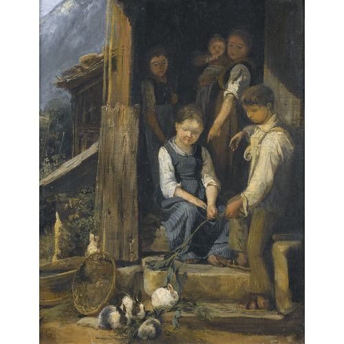 KARL GIRARDET : 'Enfants donnant � manger � des lapins' (DOBIASCHOFSKY AUKTIONEN AG)