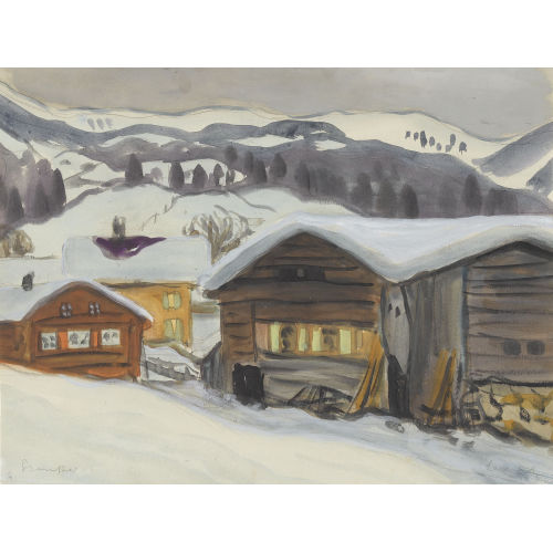 FRED STAUFFER : Abendliche Winterlandschaft mit H�tten (DOBIASCHOFSKY AUKTIONEN AG)