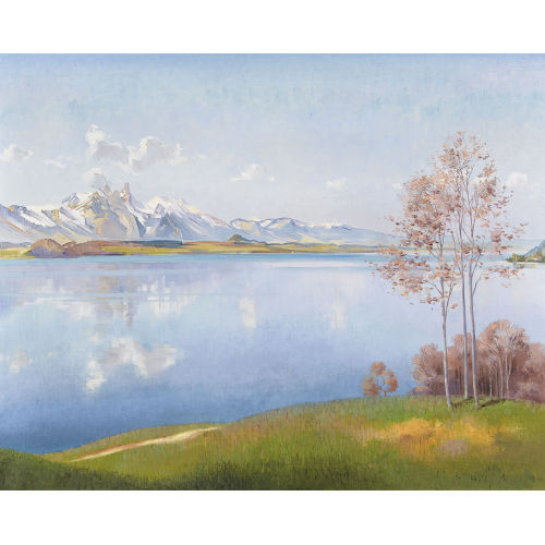 MARCUS JACOBI : Uferpartie am Thunersee mit Stockhornkette (DOBIASCHOFSKY AUKTIONEN AG)
