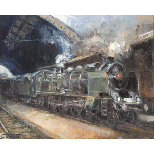 GEORGES TRINCOT : Bahnhofspartie mit Dampflokomotive 'La Belle Pacific' (DOBIASCHOFSKY AUKTIONEN AG)