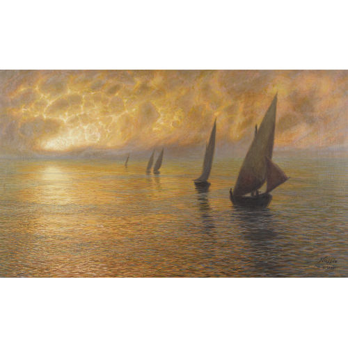 OSCAR NUSSIO : Sonnenuntergang auf ruhiger See mit Segelbooten (DOBIASCHOFSKY AUKTIONEN AG)